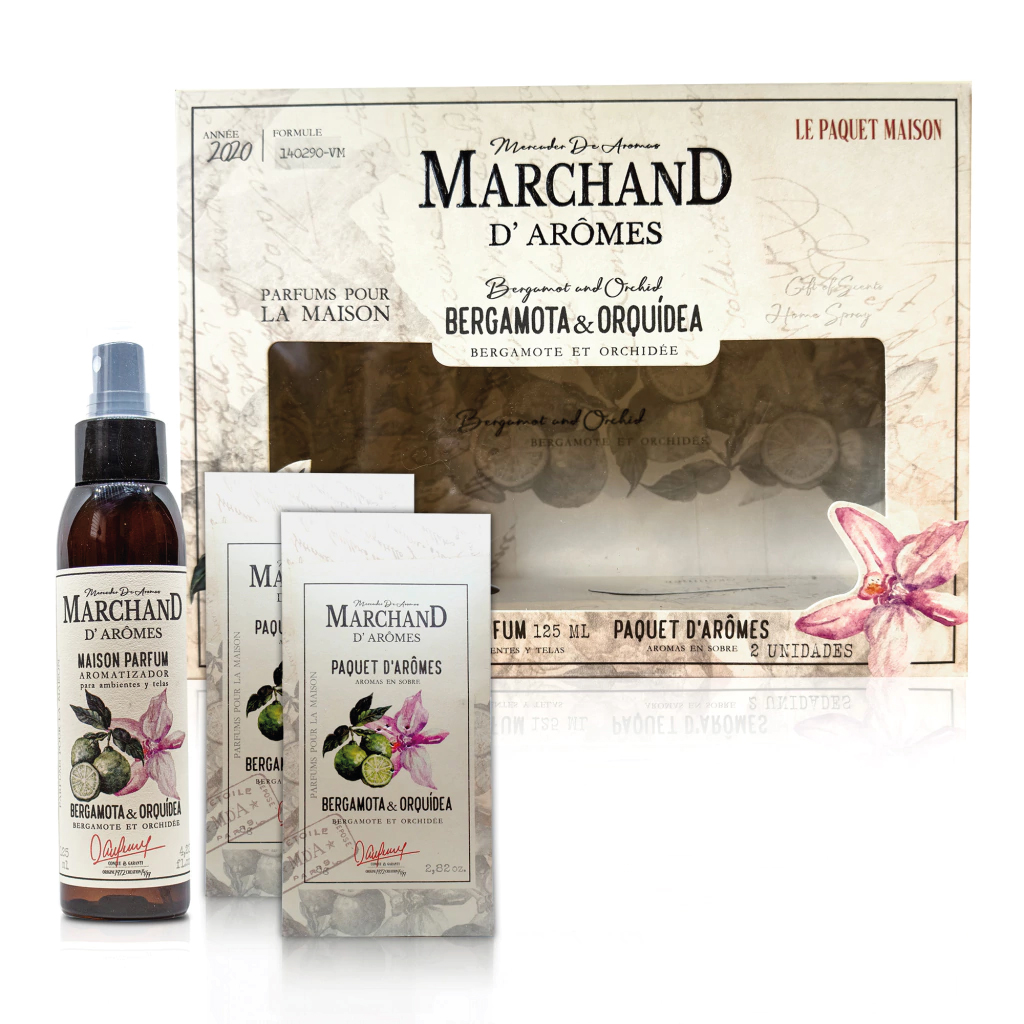 MARCHAND D AROMES HOME SPRAY MAISON X 125 ML. Y 2 PAQUET BERGAMOTA Y ORQUIDEA